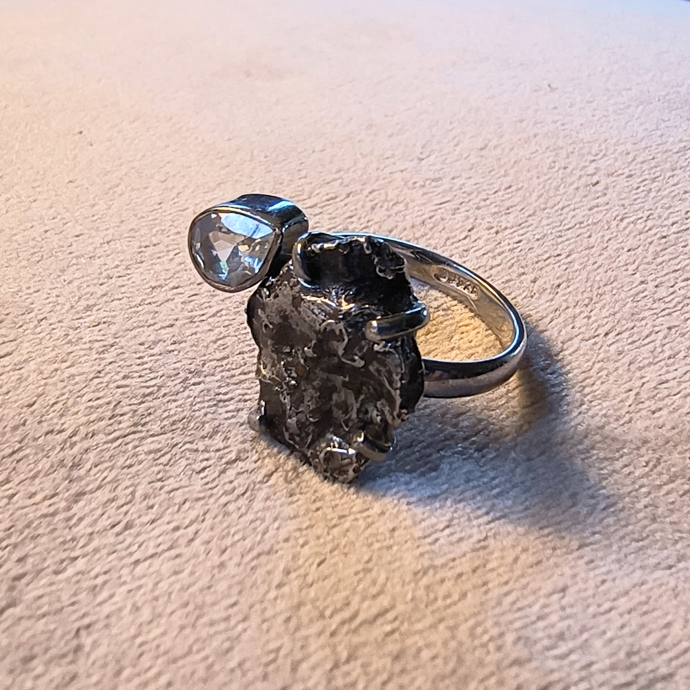 Meteorite & Quartz Sterling Silver Ring